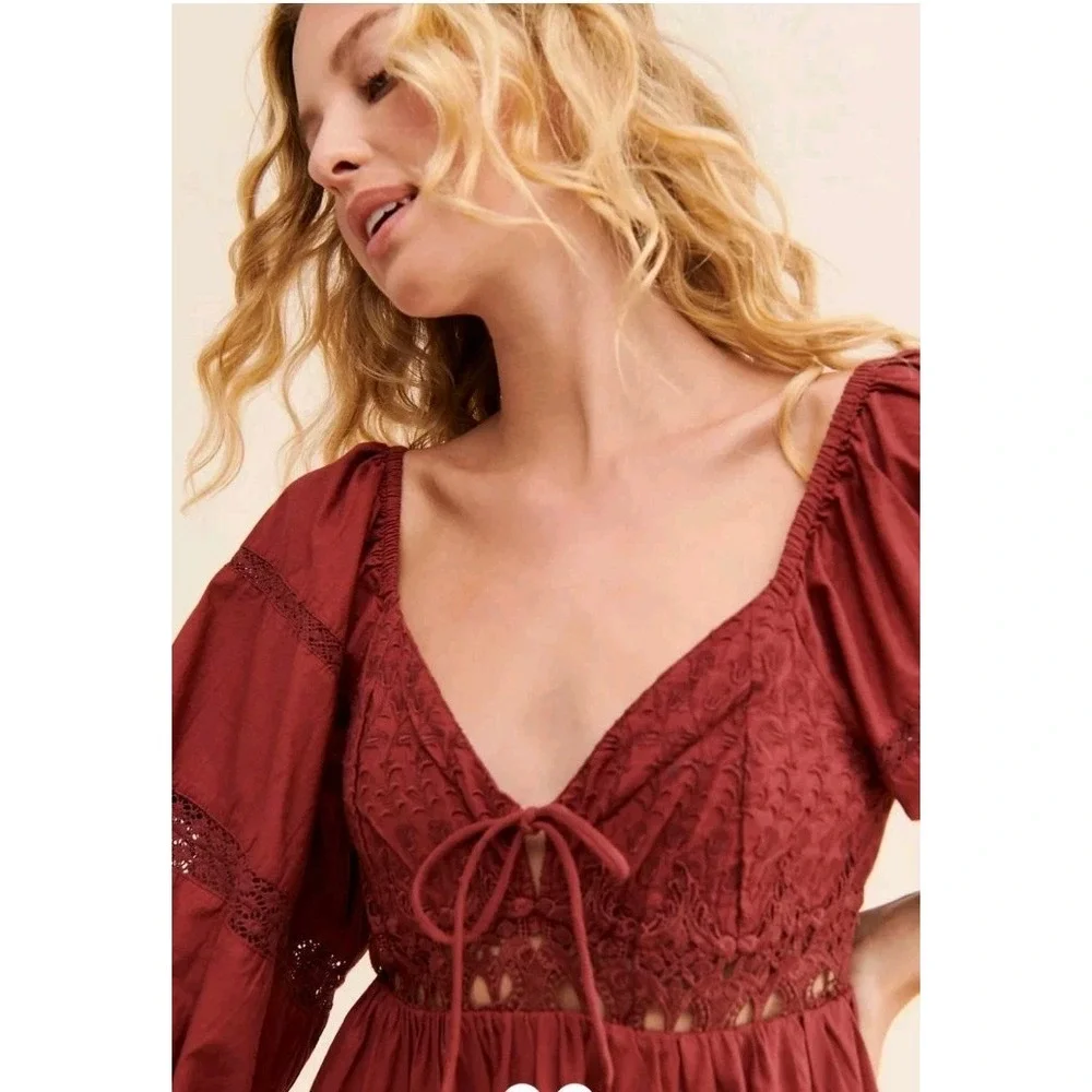Free People All Mine Mini Boho Peasant Dress Burgundy Women's‎ M Puff Sleeves